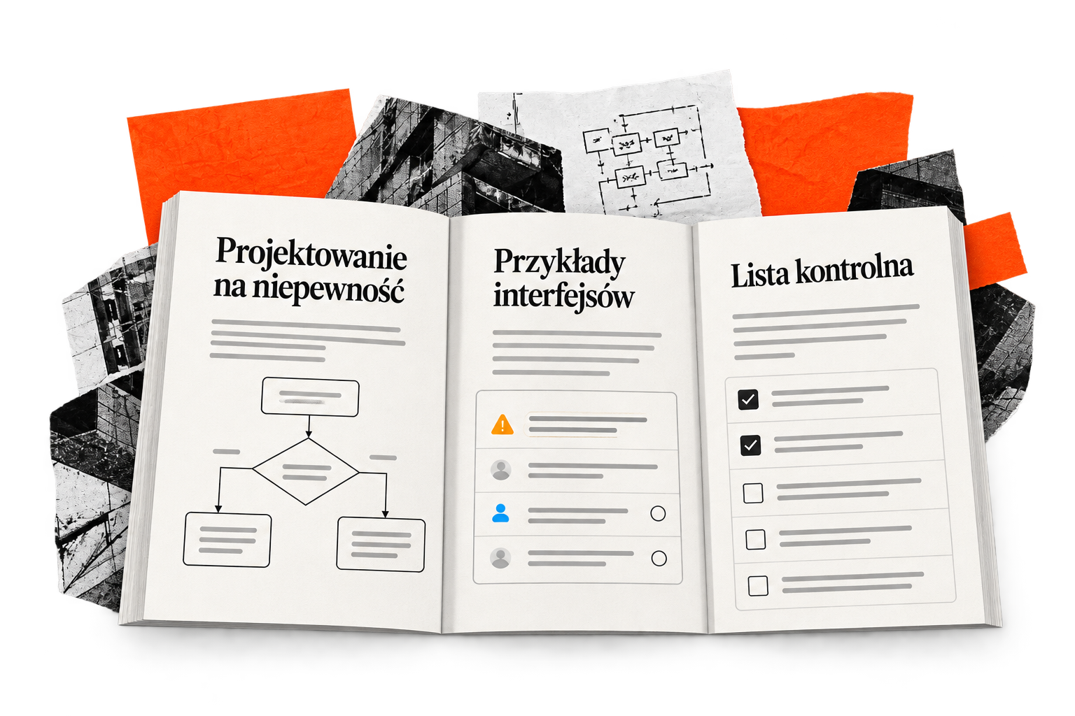 Kolaż trzech plansz: projektowanie na niepewność, przykłady interfejsów i lista kontrolna, na tle fragmentów architektury i pomarańczowego papieru.