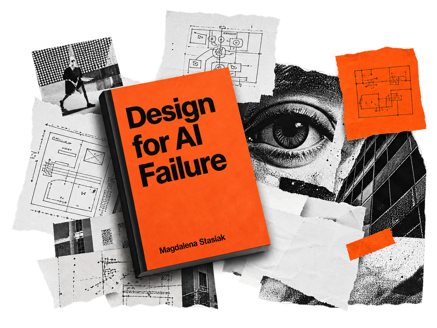 Pomarańczowa książka Design for AI Failure w kolażu czarno-białego oka, szkiców i fragmentów architektury.